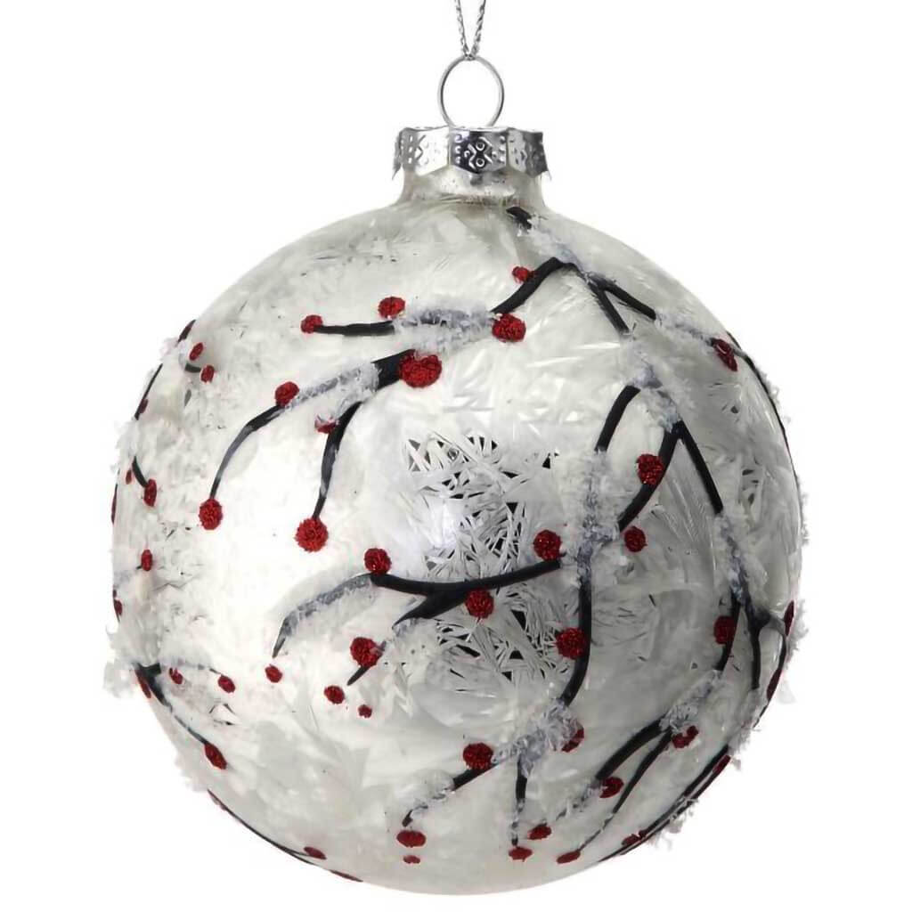 Glass Snow Berry Branch Ball Ornament, 4in