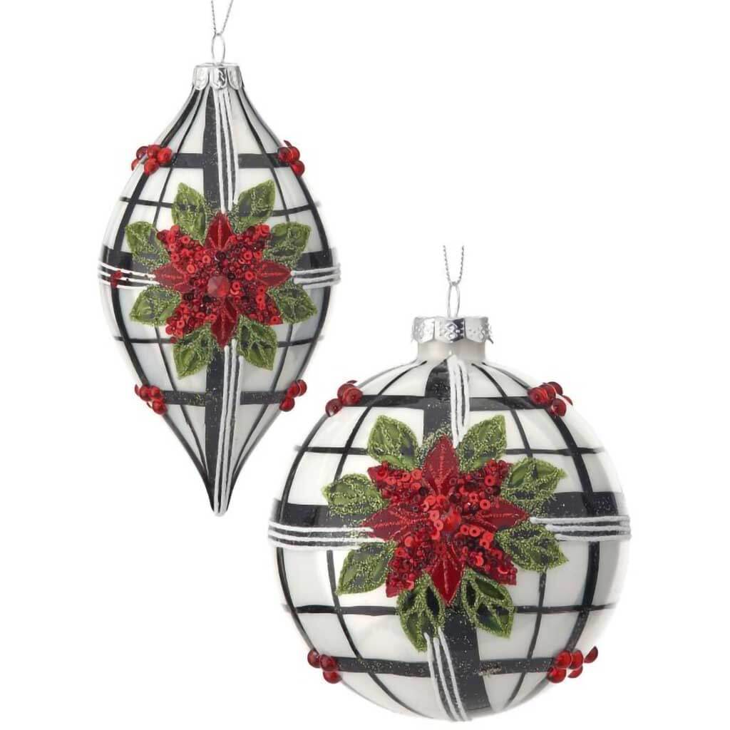 Glass Poinsettia Plaid Ball/Fnl Ornament 2 Assorted 4-6in