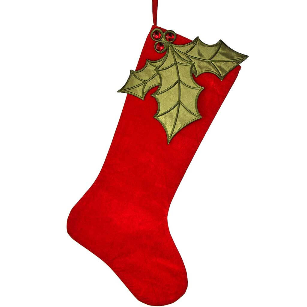 Velvet Jeweled Holly Stocking, 25in