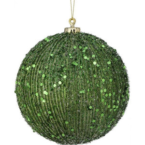 Beaded Metalic Ridged Ball Ornament 5in, Green
