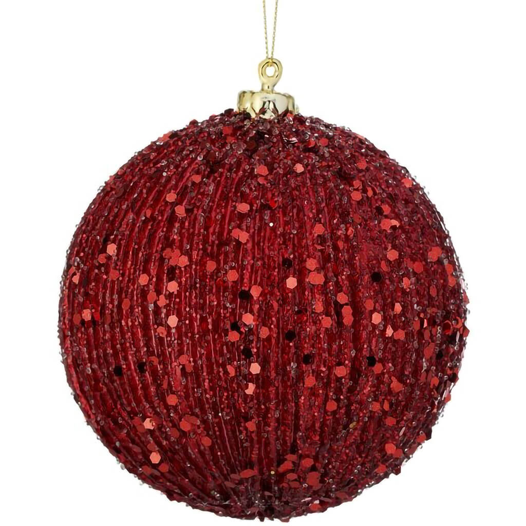 Beaded Metalic Ridged Ball Ornament 5in, Green