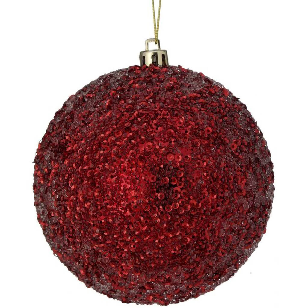 Beaded Metalic Ball Ornament 4in, Red