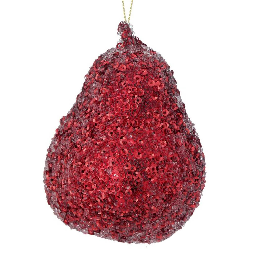 Beaded Metalic Pear Ornament 3in, Red