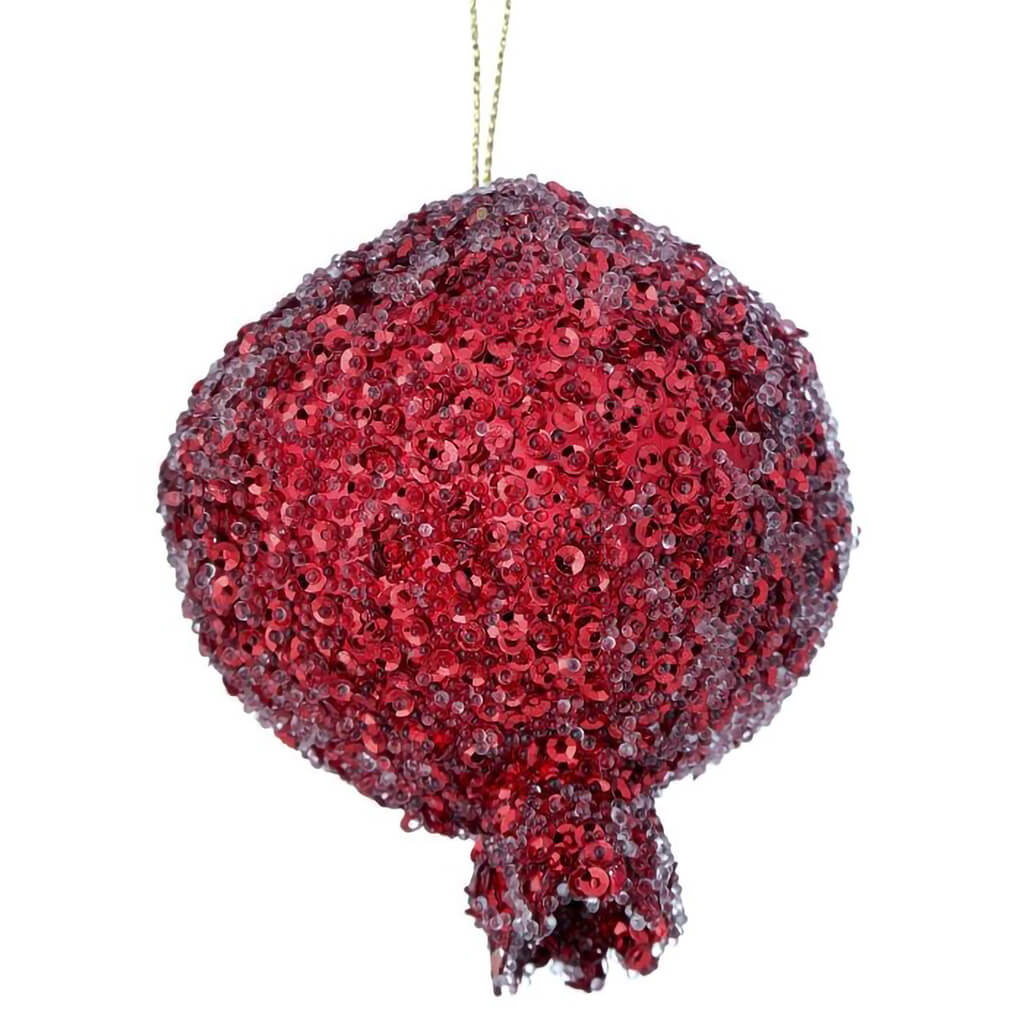 Beaded Metalic Pomogranate Ornament 3in, Red