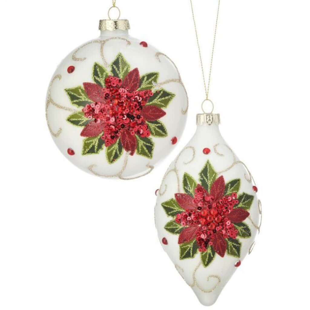 Sequin/Jewel Poinsettia Ball and Finial Ornament