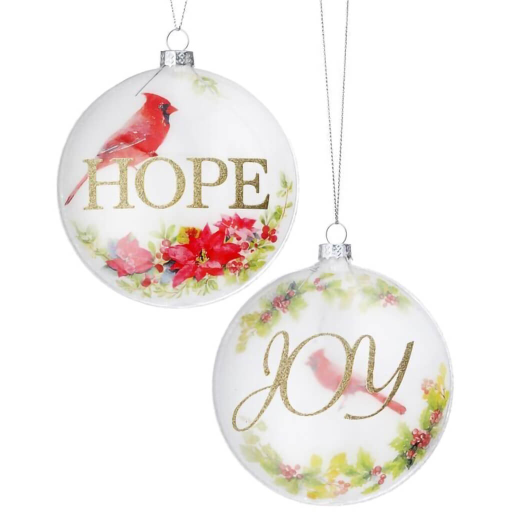 Hope/Joy Cardinal Disc Glass Ornaments 2 Assorted 4in