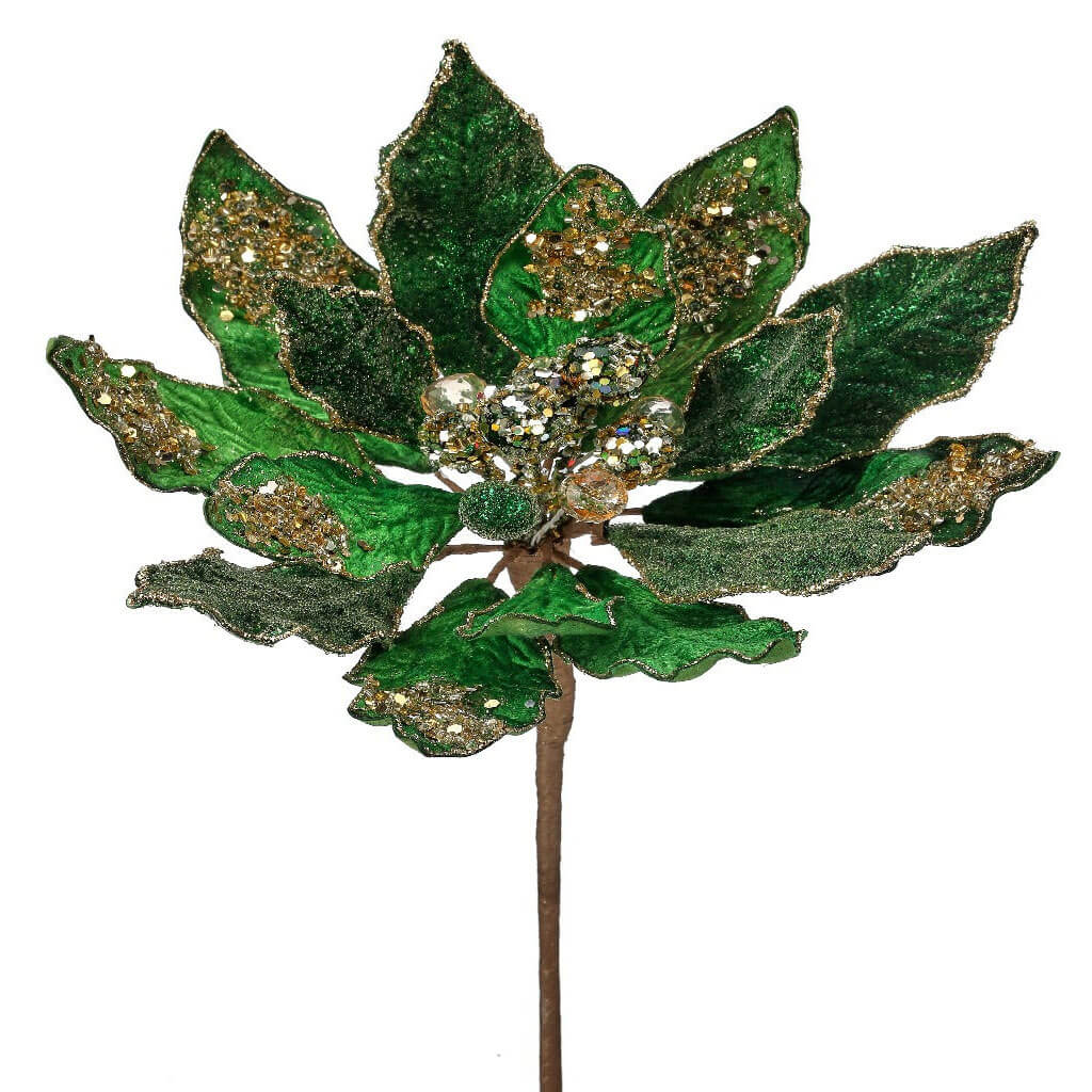 Heavy Jeweled Poinsettia Stem 20in x 10in Emerald Gold