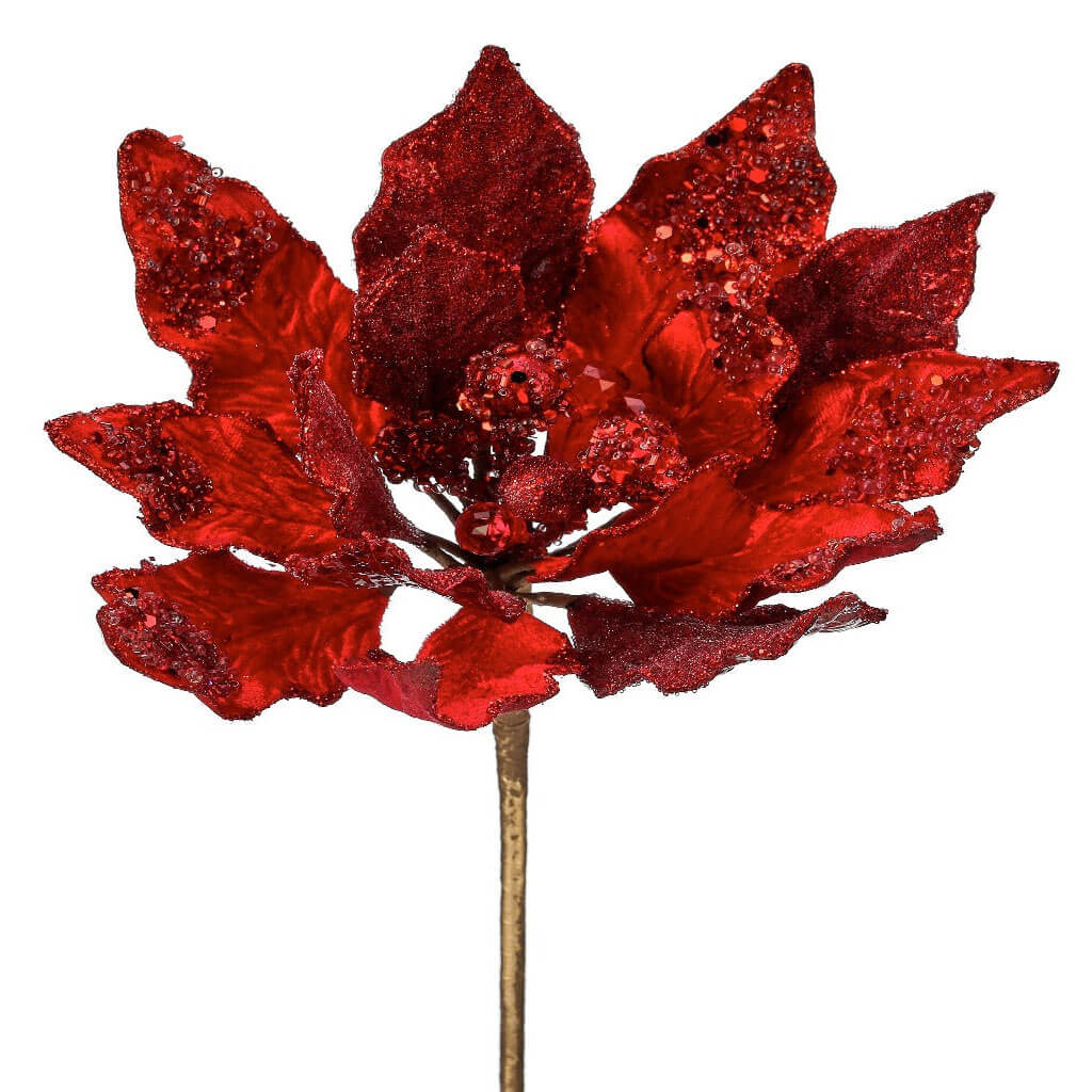 Heavy Jeweled Poinsettia Stem 20in x 10in Red Gold