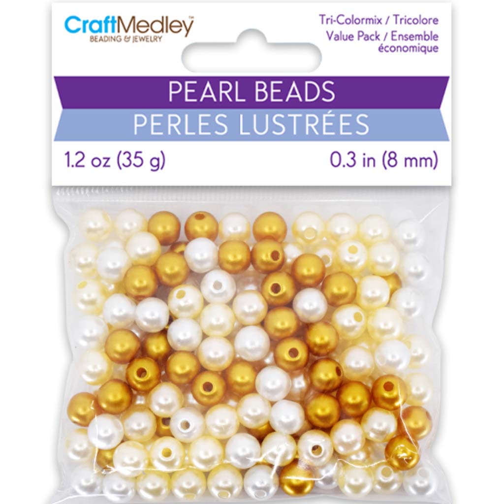 Pearl Beads: Gloss Tri-Colormix 35gms- Gold, 8mm