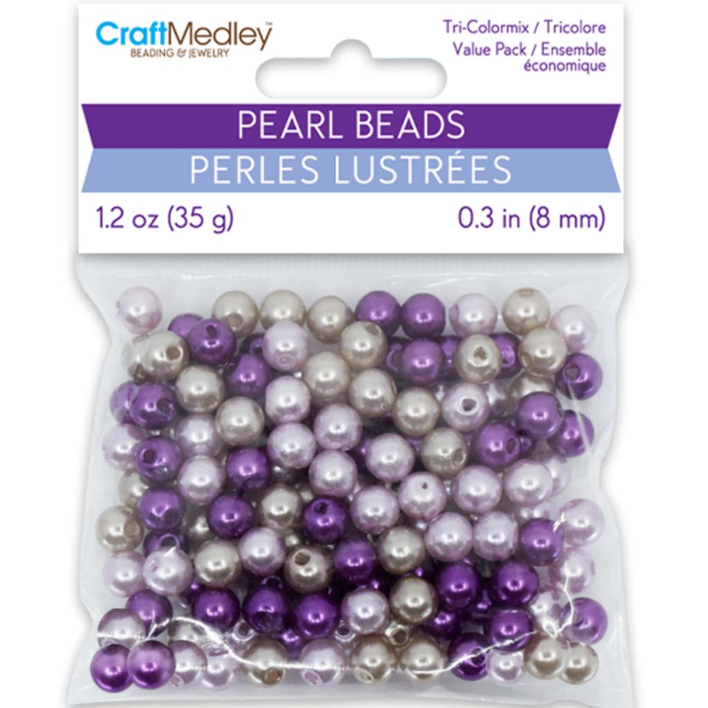 Pearl Beads: Gloss Tri-Colormix 35gms- Purple, 8mm