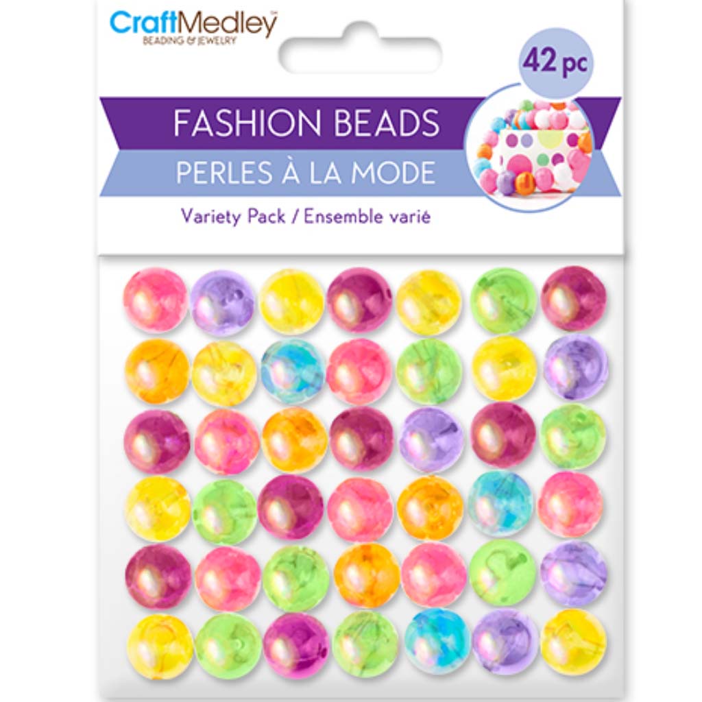 Plastic Fashion Beads: Multi-Packs-C, Translucent Luster, 42-45pc