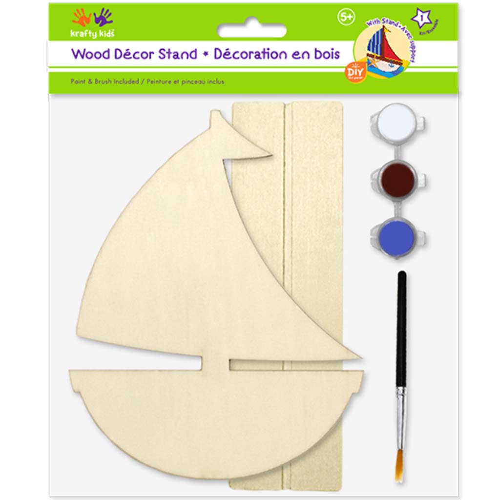 Krafty Kids Kit: DIY Wood Stand-Ups w/3 Paint Pots+Brush-Sailboat, 7in x 6in