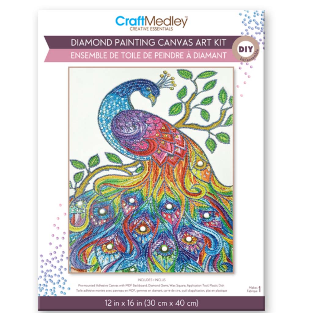 Craft Medley Kit: Diamond Painting Art Kit 12INx16IN w/Gems+Tool+Tray-Peacock