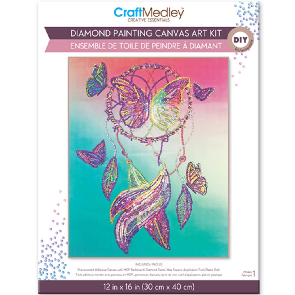 Craft Medley Kit: Diamond Painting Art Kit w/Gems+Tool+Tray-Dream Catcher, 12in x 16in