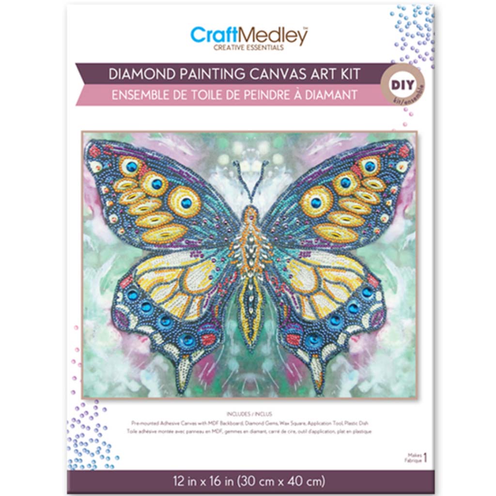 Craft Medley Kit: Diamond Painting Art Kit w/Gems+Tool+Tray-Elegant Butterfly, 12in x 16in