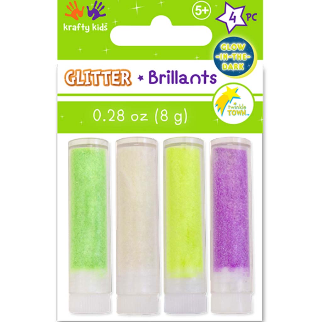 Twinkle Town:  Glow-in-the-Dark Glitter Vials, Asst-Sparkle, 8g, 4pc x 2g