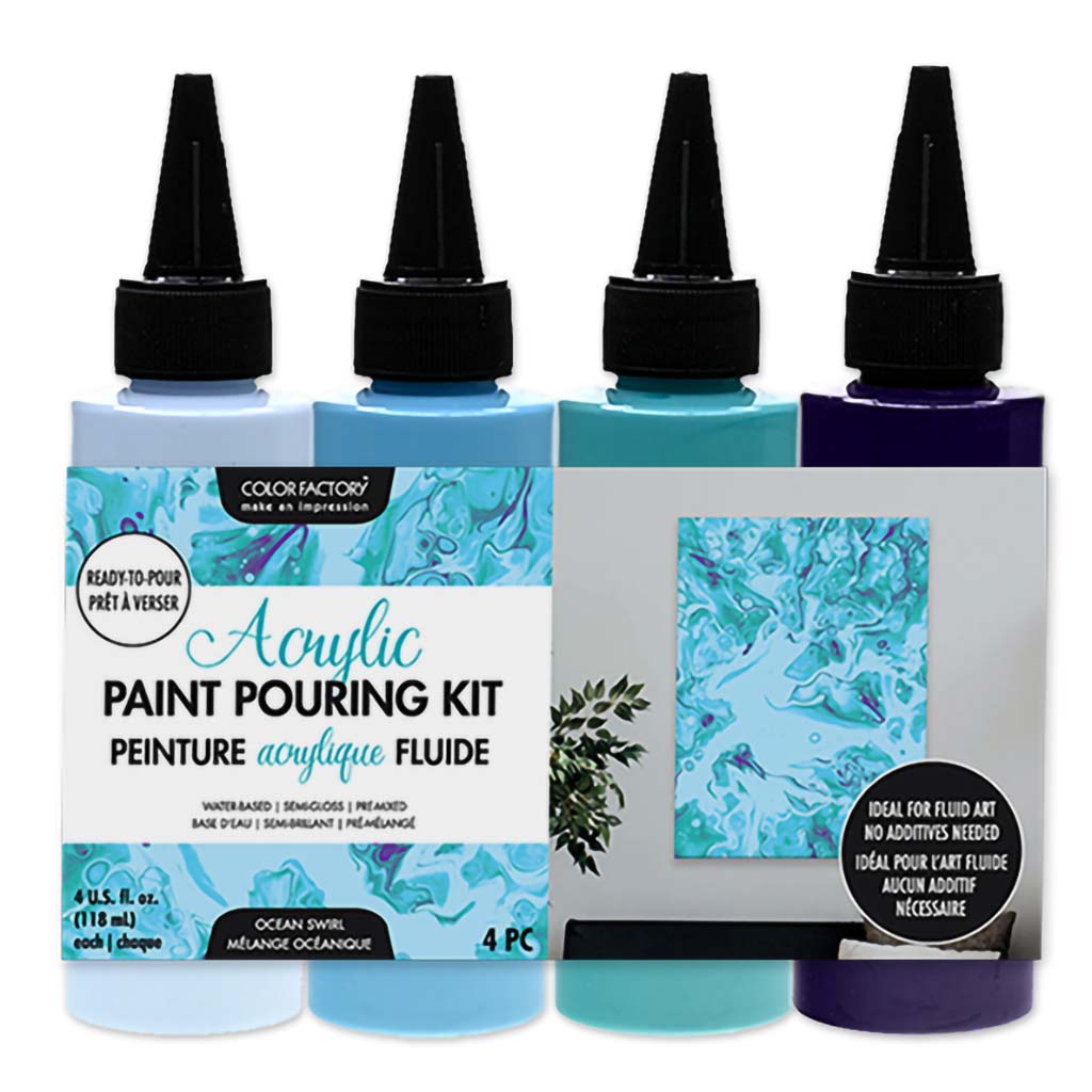 Color Factory:  Acrylic Pouring Paint Kit, Ready To Pour-Ocean Swirl, 4oz, 4ct