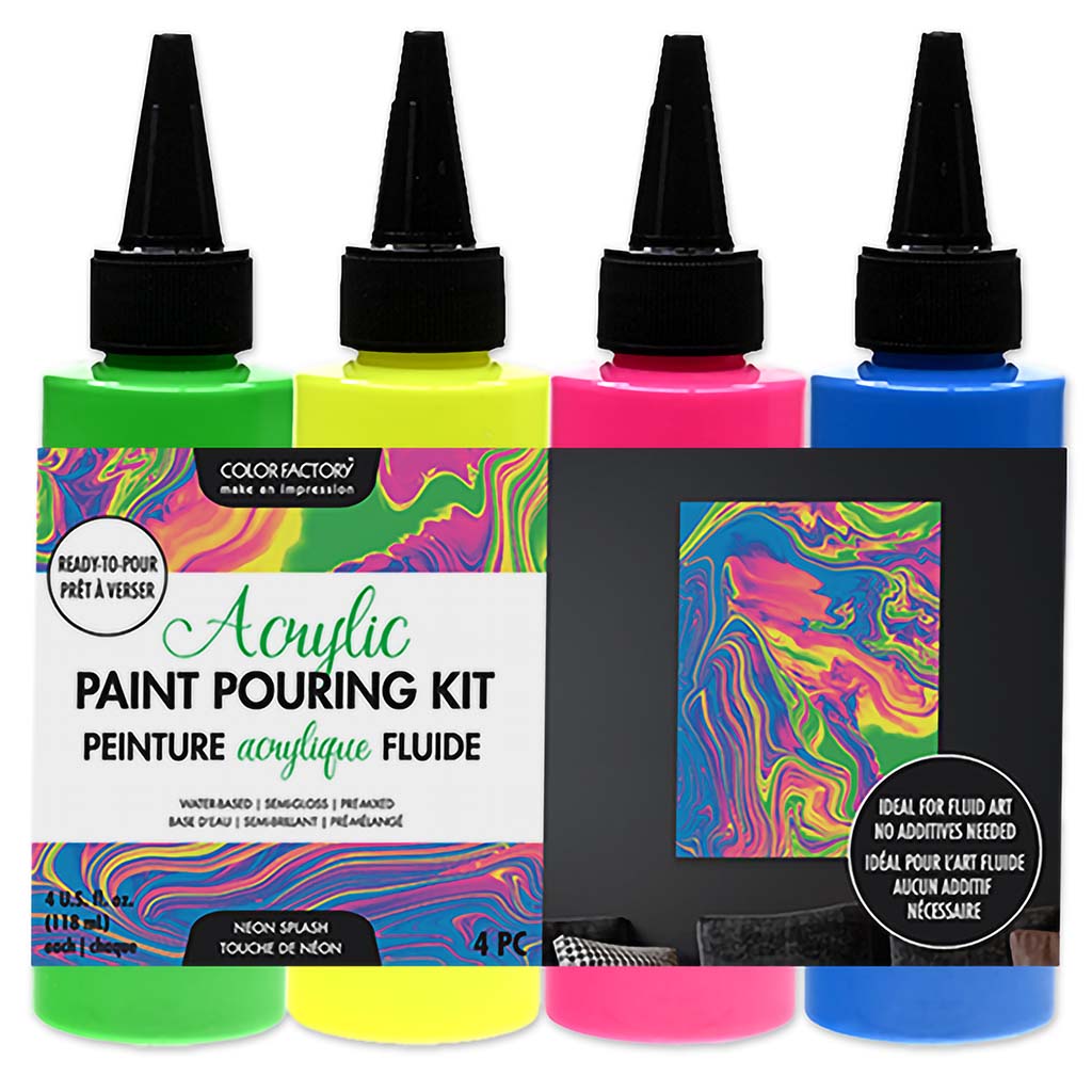 Color Factory:  Acrylic Pouring Paint Kit, Ready To Pour-Neon Splash, 4oz, 4ct