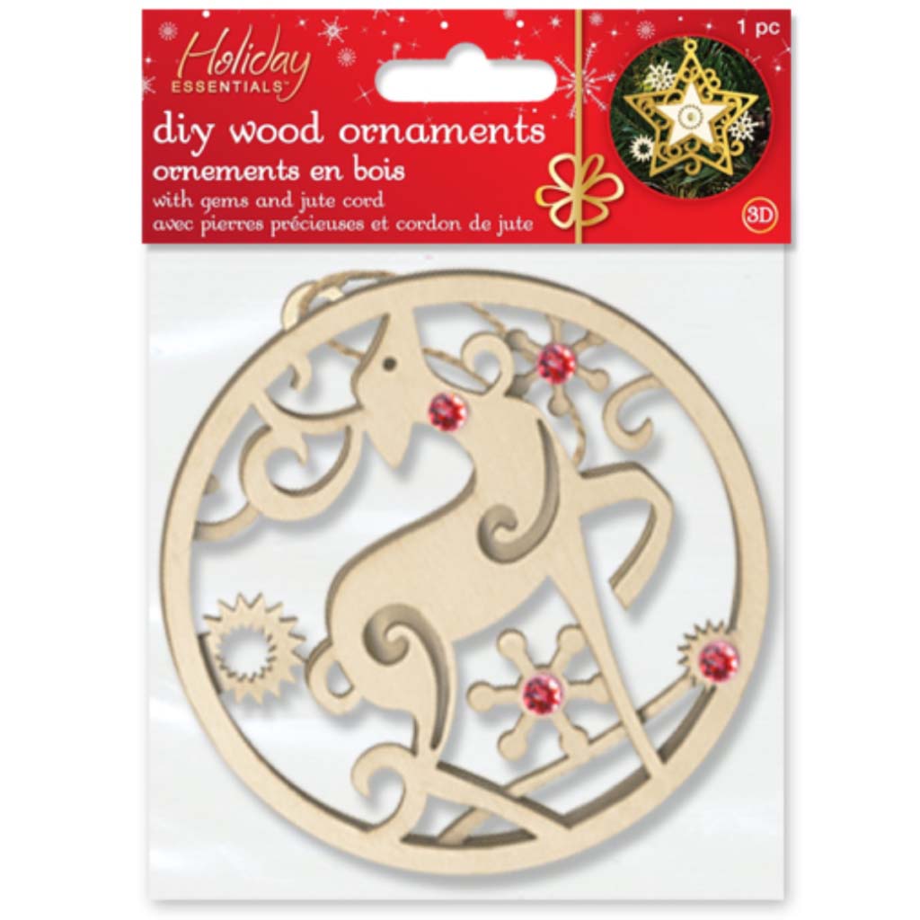 3D Gemmed Ornament with Jute Cord, Reindeer