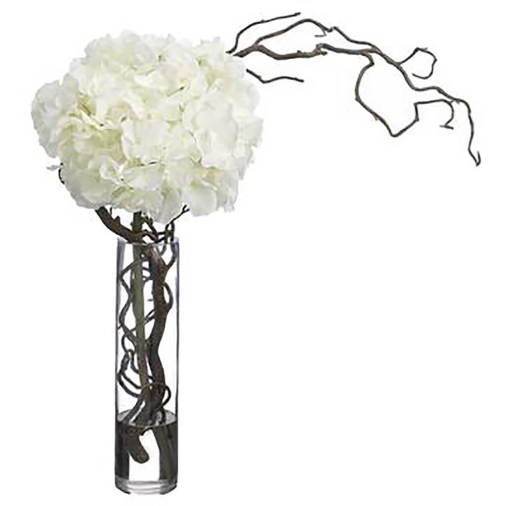 Hydrangea/�Curly Willow in Glass Vase�White, 21in H x 12in W x 17in L