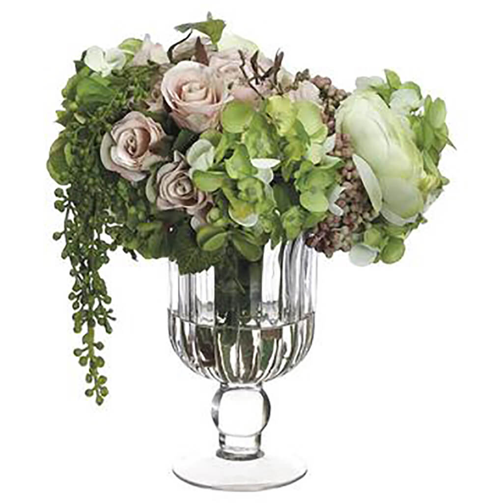 Mix Hydrangea/Rose in Glass Vase Green Pink, 10in H x 9in W x 10in L
