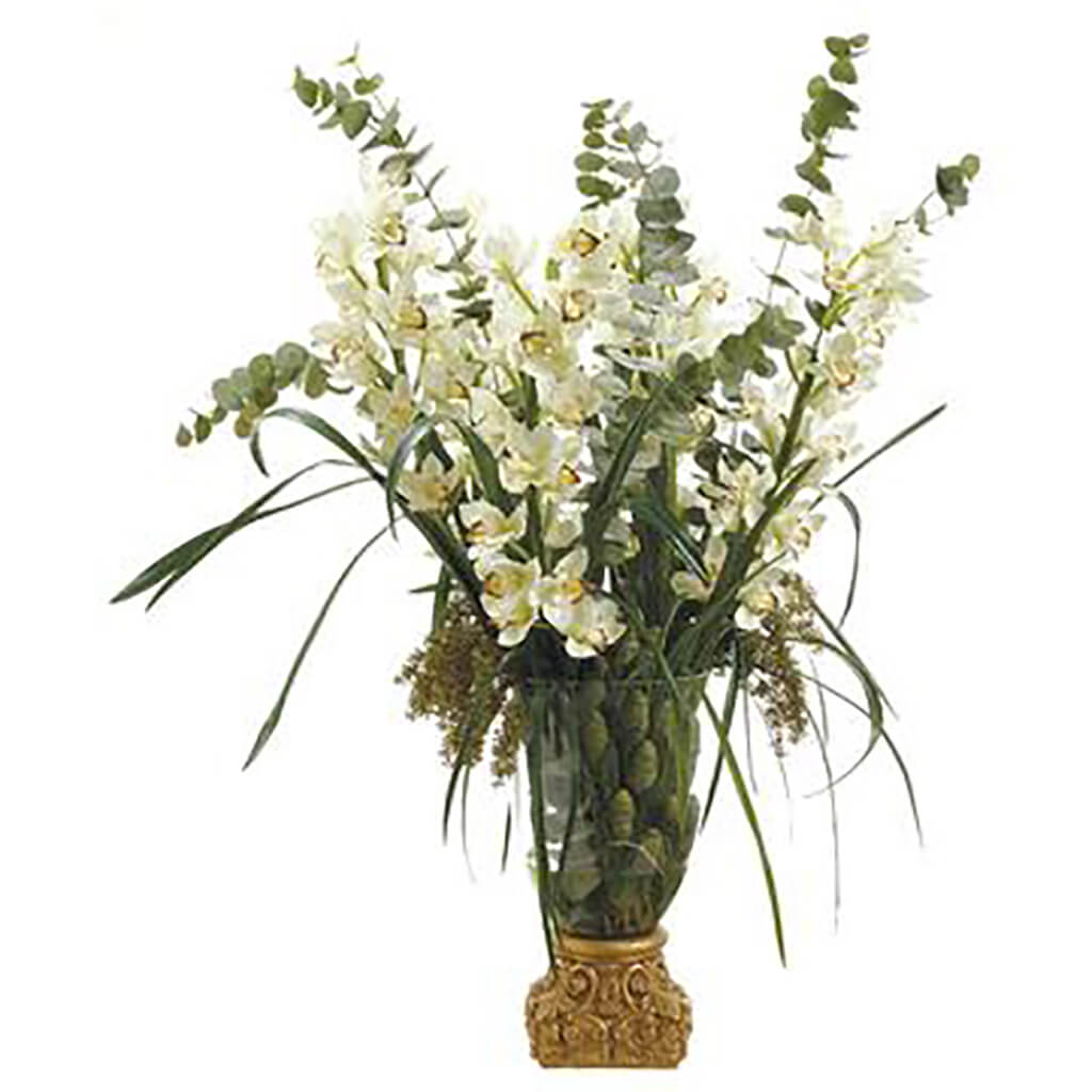 Cymbidium/Sedum in Vase with Gold Base White, 53in H x 36in W x 42in L