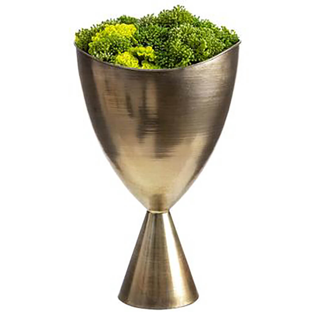 Sedum/Skimmia/Pompon in Footed Metal Vase Green, 15.5in H x 8in W x 7.5in L