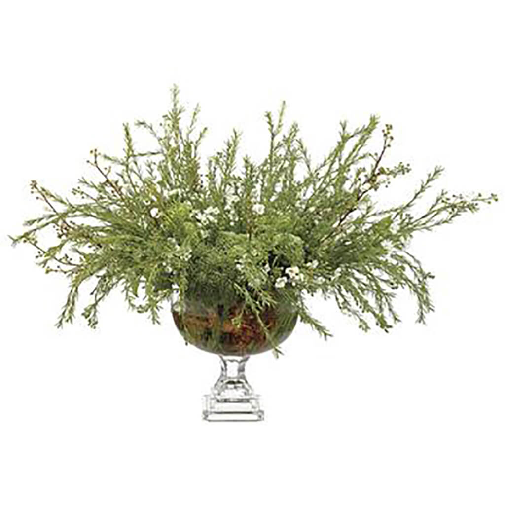 Wax Flowers/ Sedum in Glass Vase Green White, 25in Hx33in W x 34in L