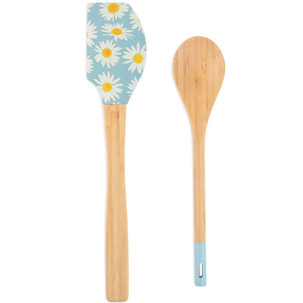 B&amp;S Pointed Spatula and Wooden Spoon Set - Daisies, 2pc