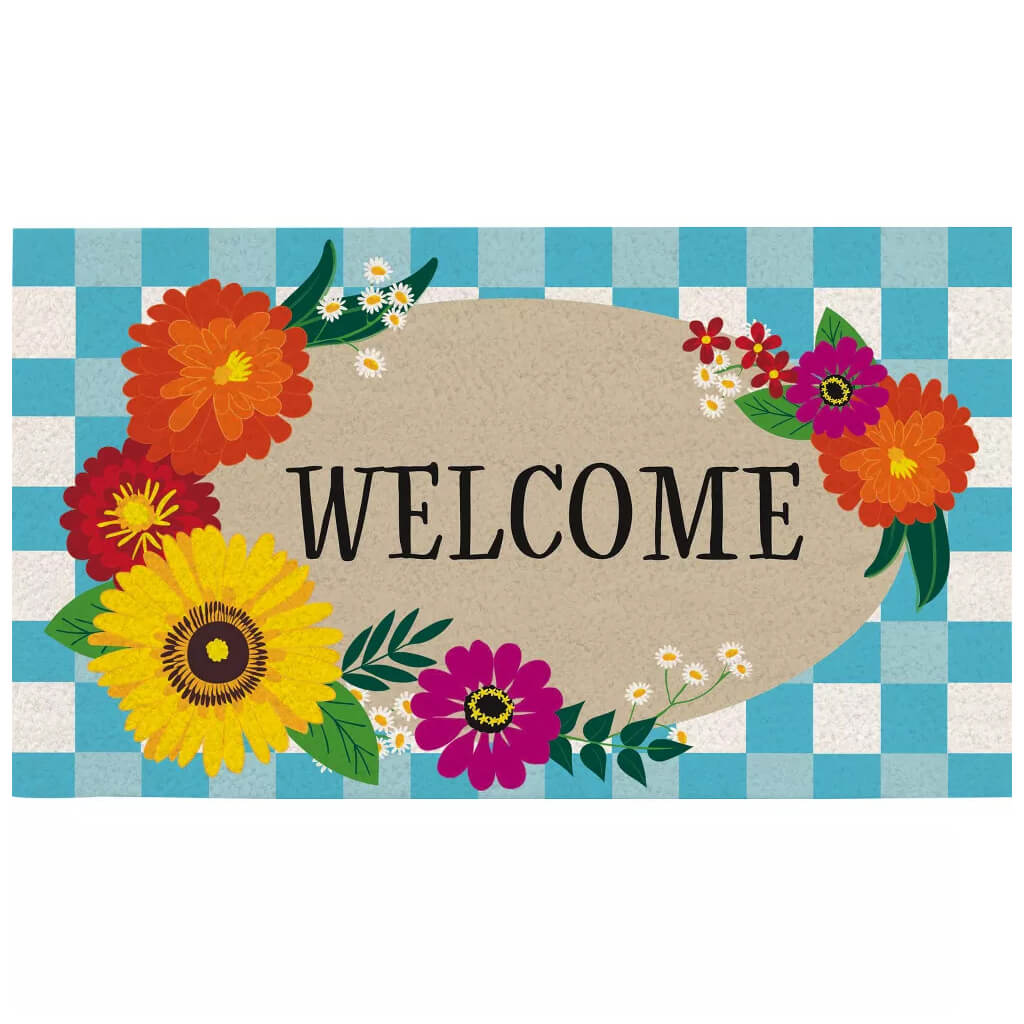 Evergreen Plaid Floral Welcome Coir Doormat