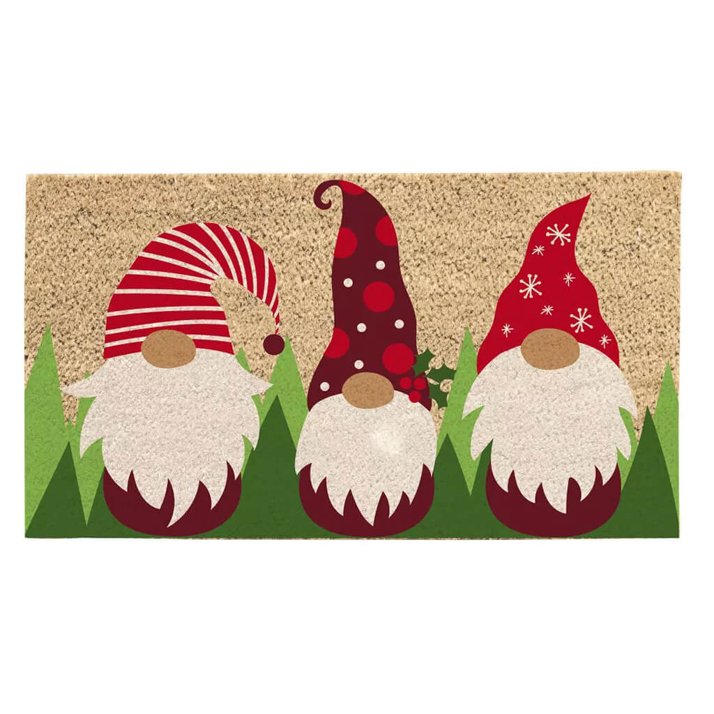 Evergreen Gnome Trio Coir Doormat Red