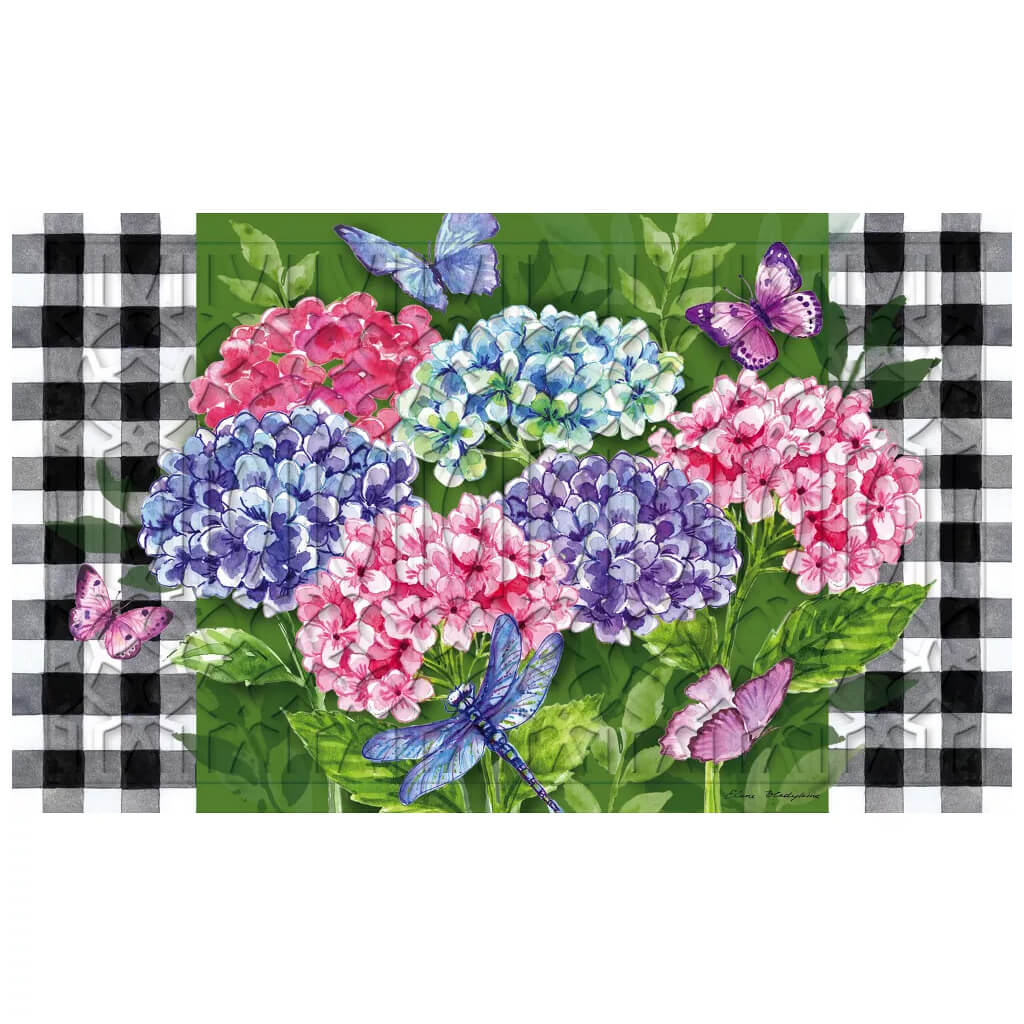 Evergreen Hydrangea Checks Embossed Doormat