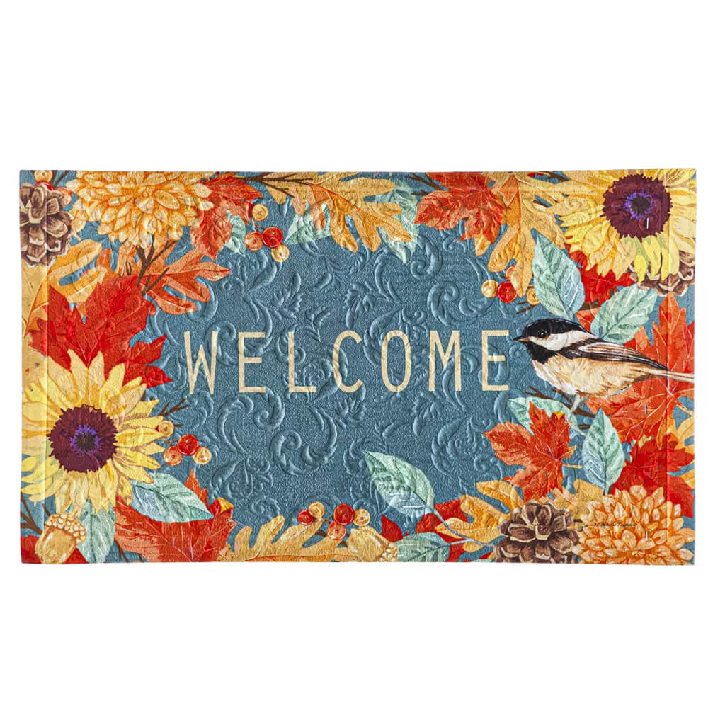 Evergreen Fall Chickadee Wreath Embossed Doormat