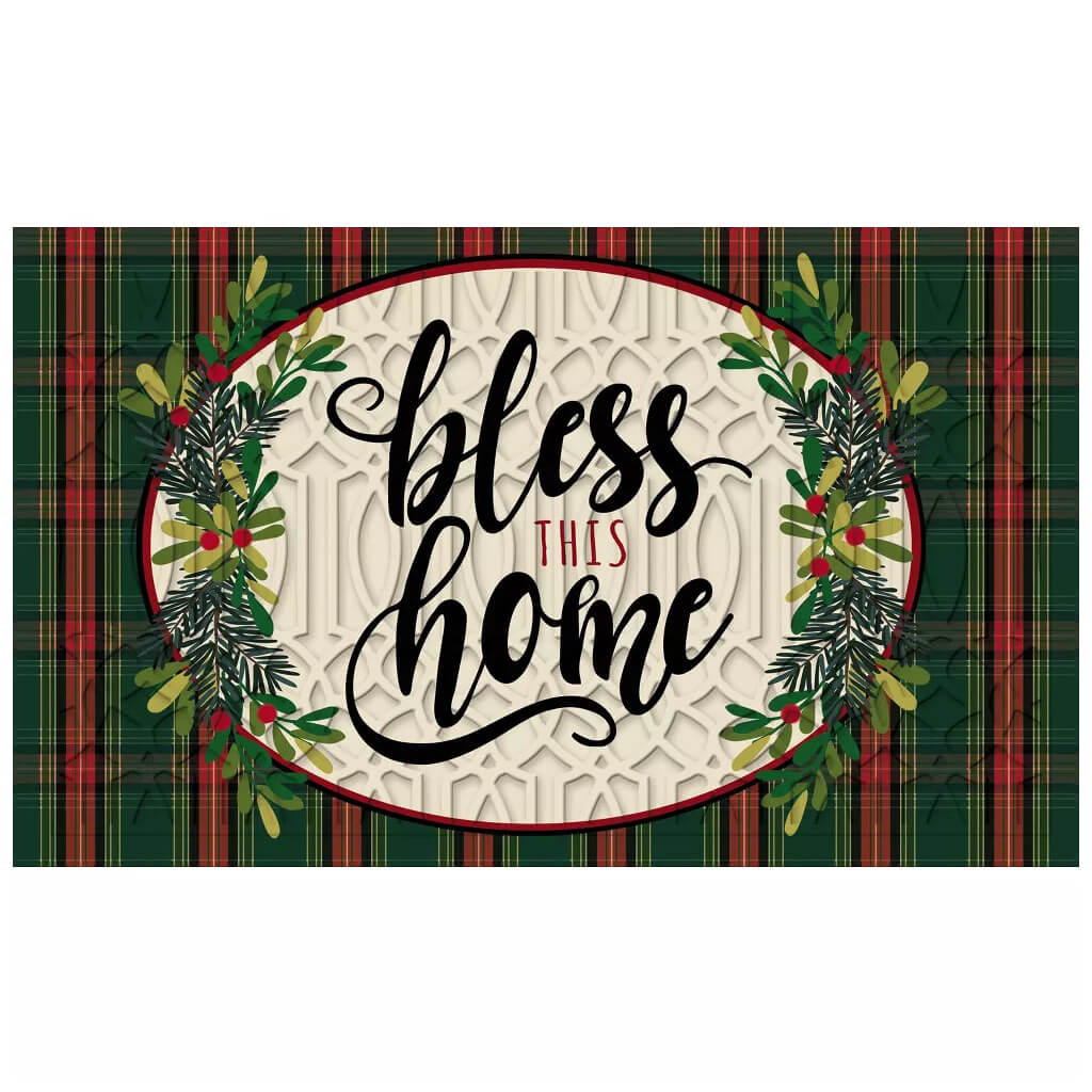 Evergreen  Bless This Home Plaid Embossed Doormat