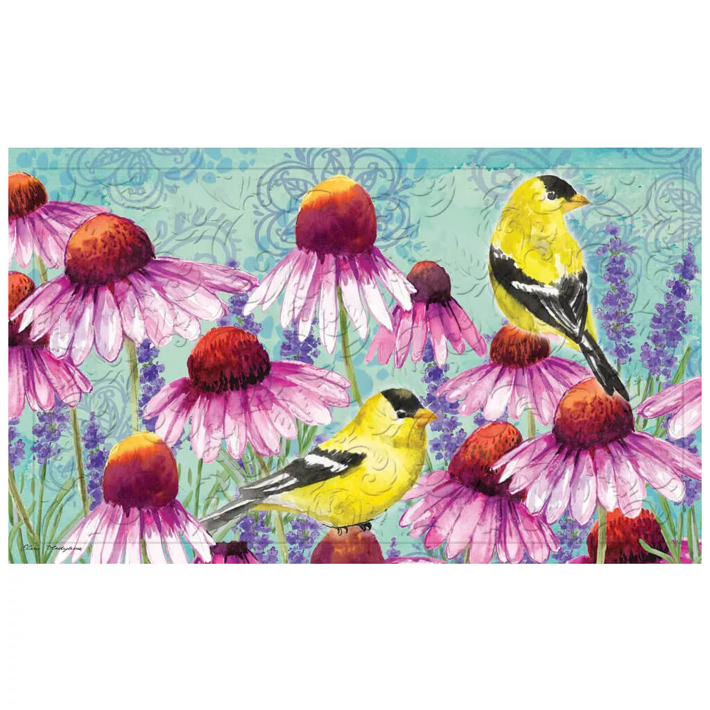 Evergreen Bright Flowers and Finches Embossed Doormat