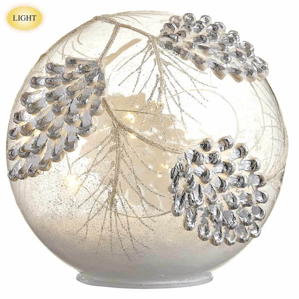 Glittered Pine Cone Glass Table Top With Silver White, 6in