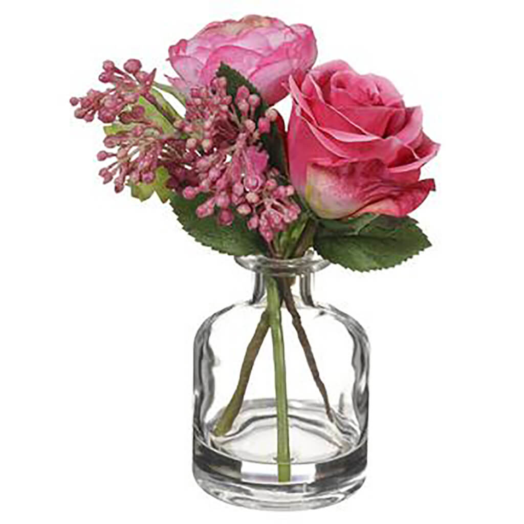 Ranunculus/Rose in Glass Vase Two Tone Pink, 8.5in