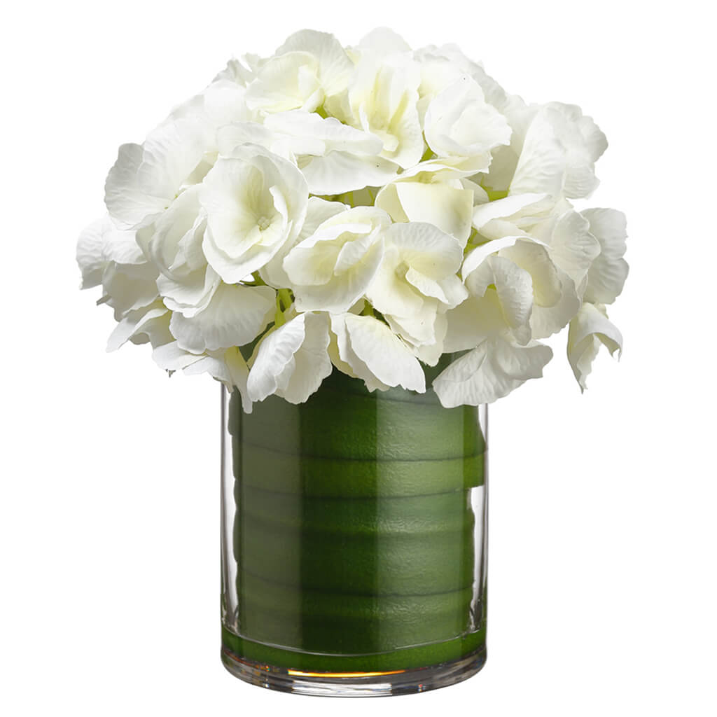 Hydrangea In Glass Vase White, 9in