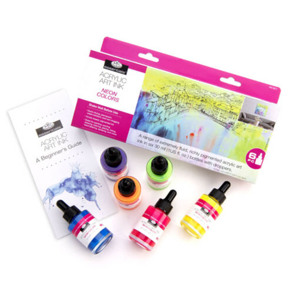 Acrylic Artist Inks Permanent 30ml Bottles Set of 6 Neon Color