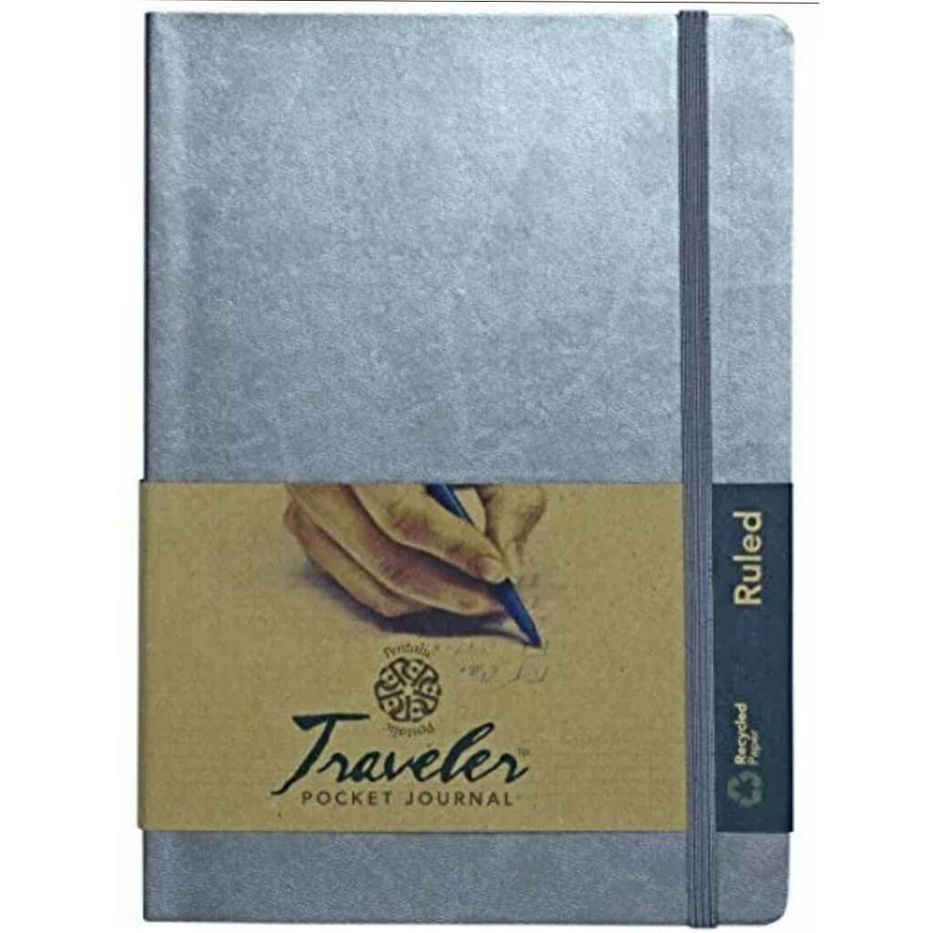 Pentalic Lined Traveler Pocket Journal 6in x 8in Metallic Silver