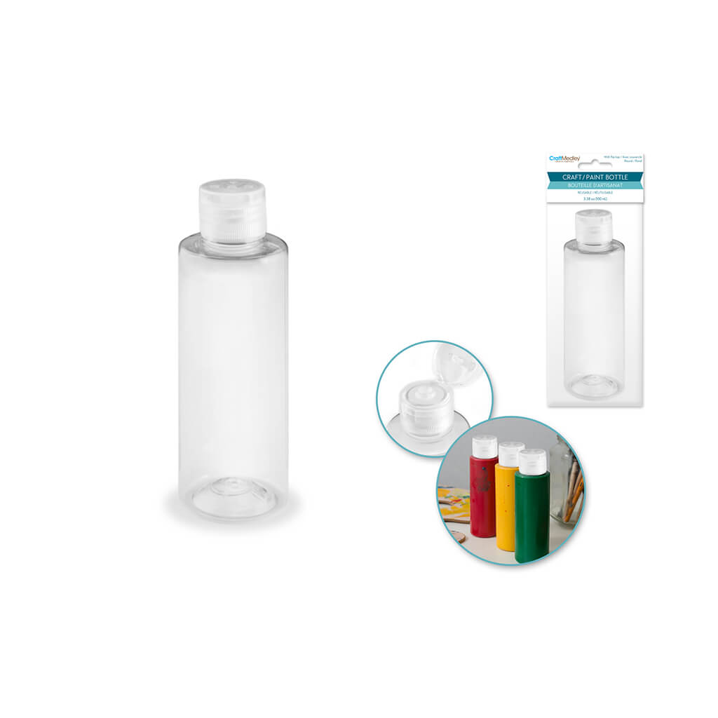 Plastic Bottle:) Transparent Round w/Flip-Top Screw Lid,  3.38oz (100ml