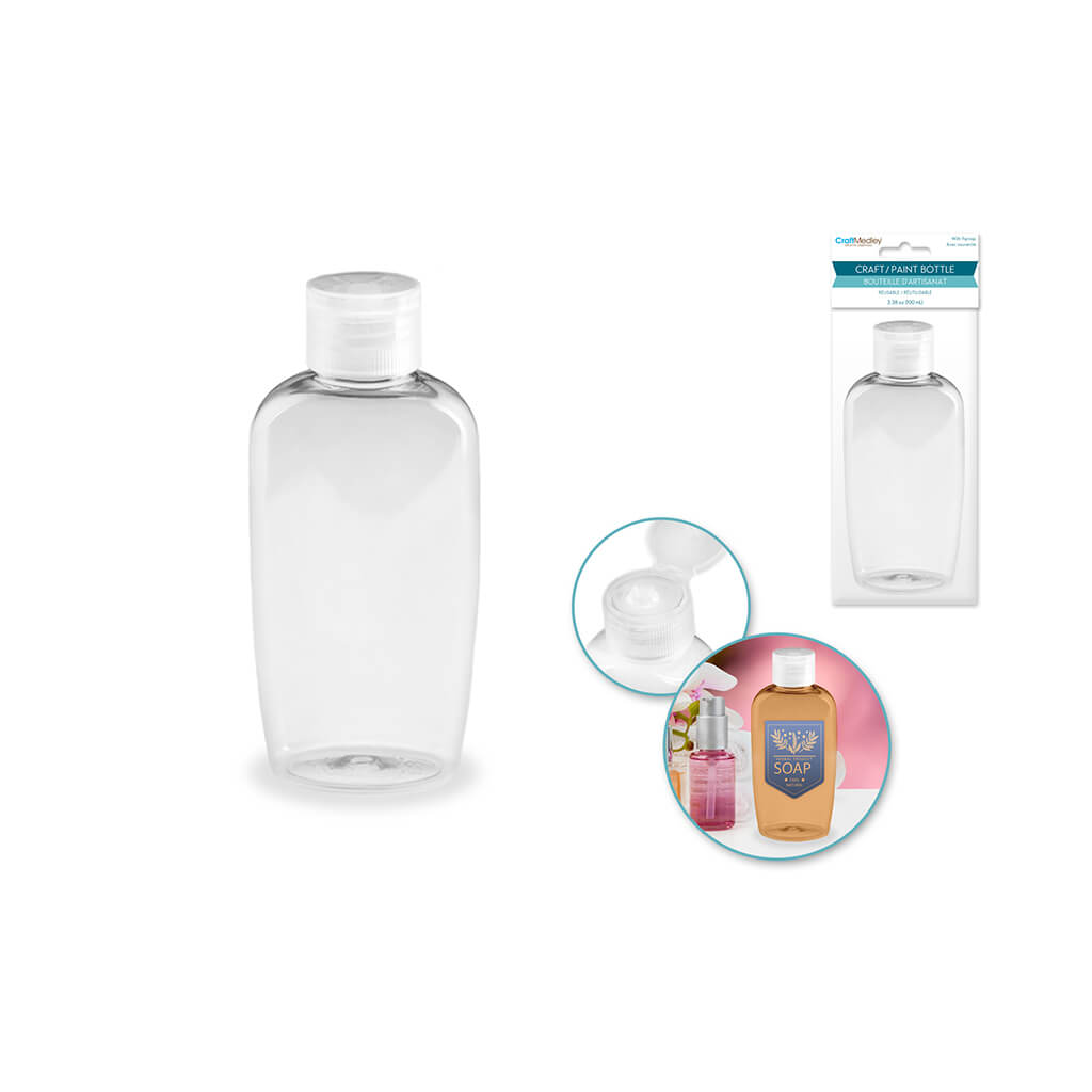 Plastic Bottle:  Transparent Flat w/Flip-Top Screw Lid, 3.38oz (100ml)