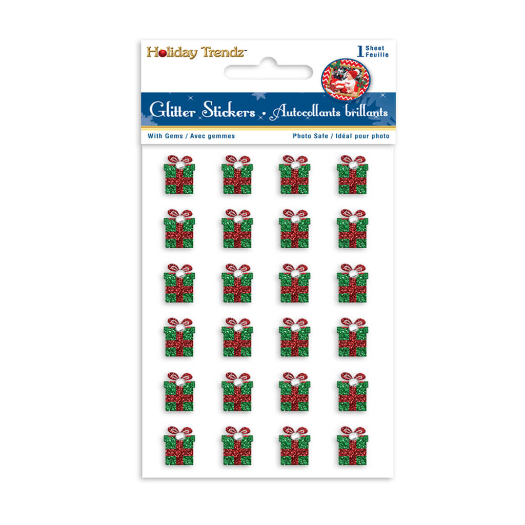 Holiday Stickers:  Glitter Icons w/Gem Gift, Seasonal Elements,8.5cmx14cm