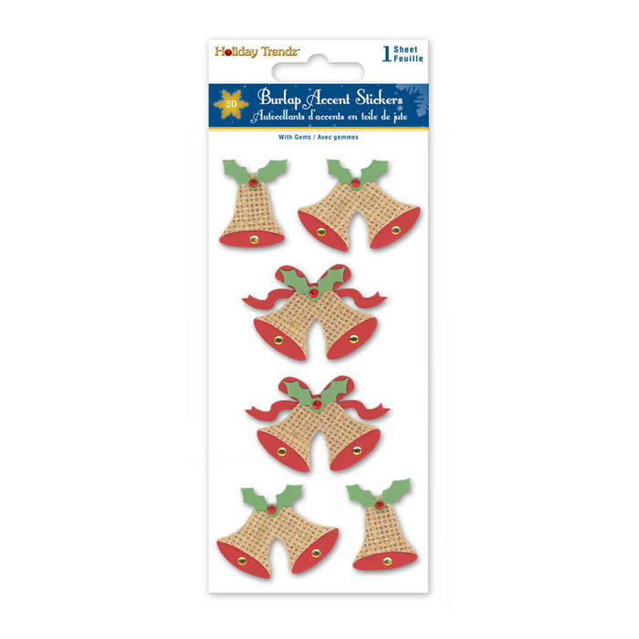 Holiday Stickers: 3D Burlap Accents  Seasonal Icons Bells,  3inx6.4in