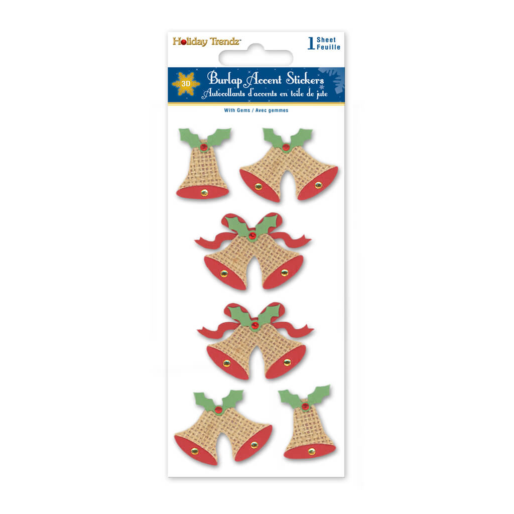 Holiday Stickers: 3D Burlap Accents  Seasonal Icons Bells,  3inx6.4in