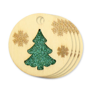 Holiday Wood: Laser-Cut Tags 4pc w/Glitter + Etching  Christmas Tree