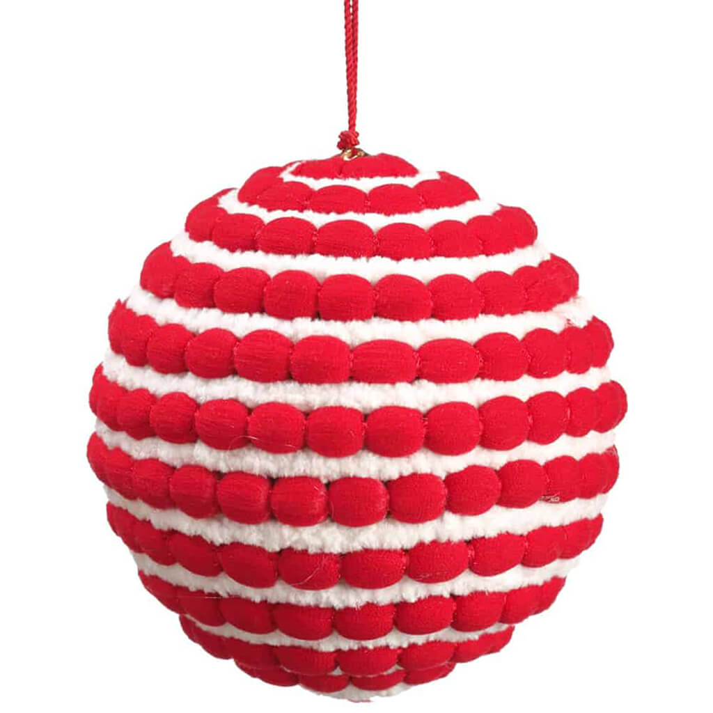 Pompon Yarn Ball Ornament Red White 4in