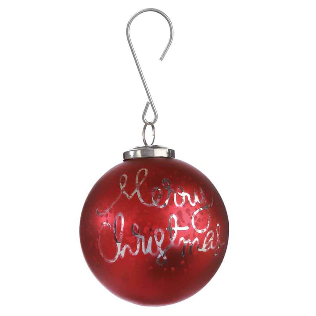 Merry Christmas Glass Ball Ornament Red 4in