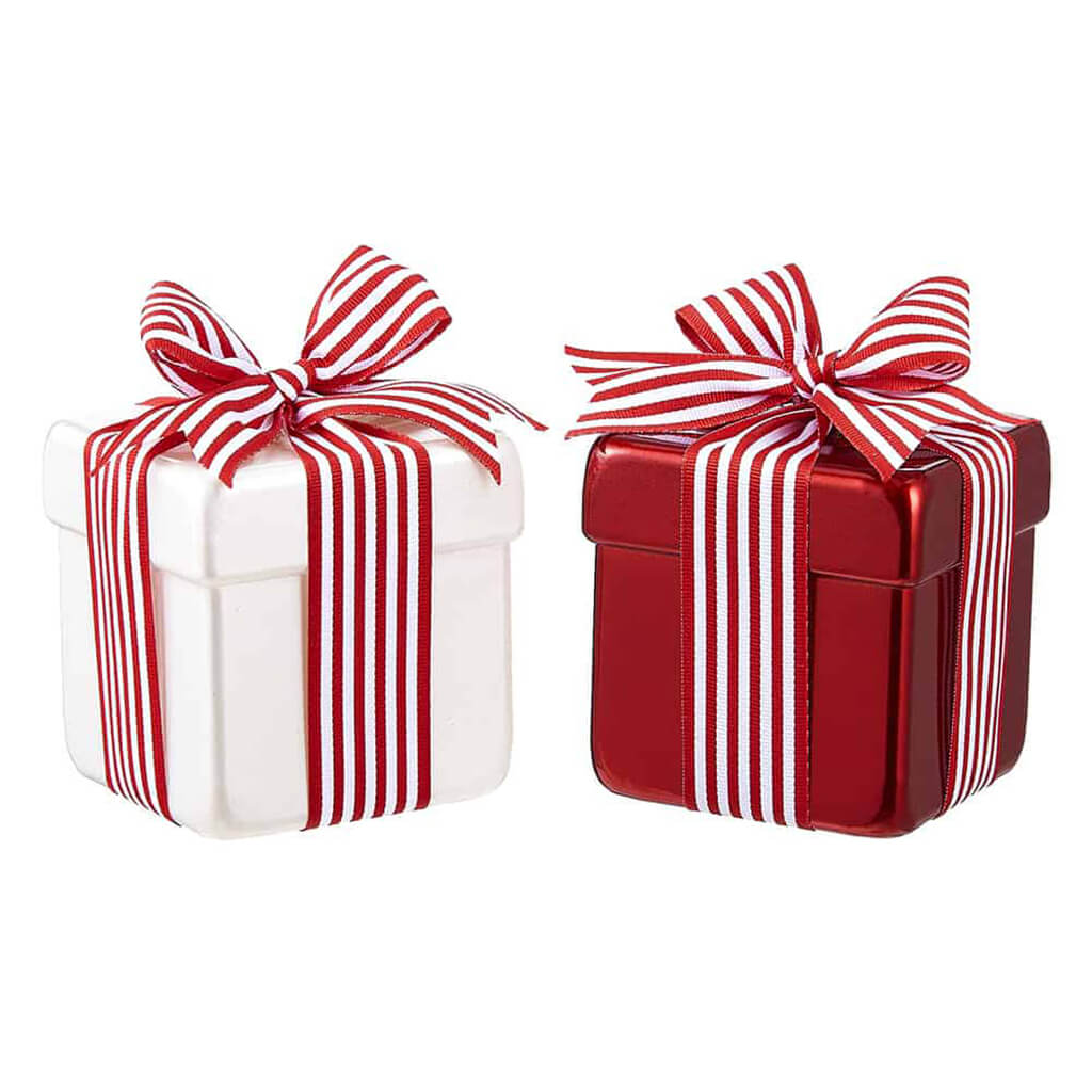 Gift Box Ornament Red White Set of 2 4in