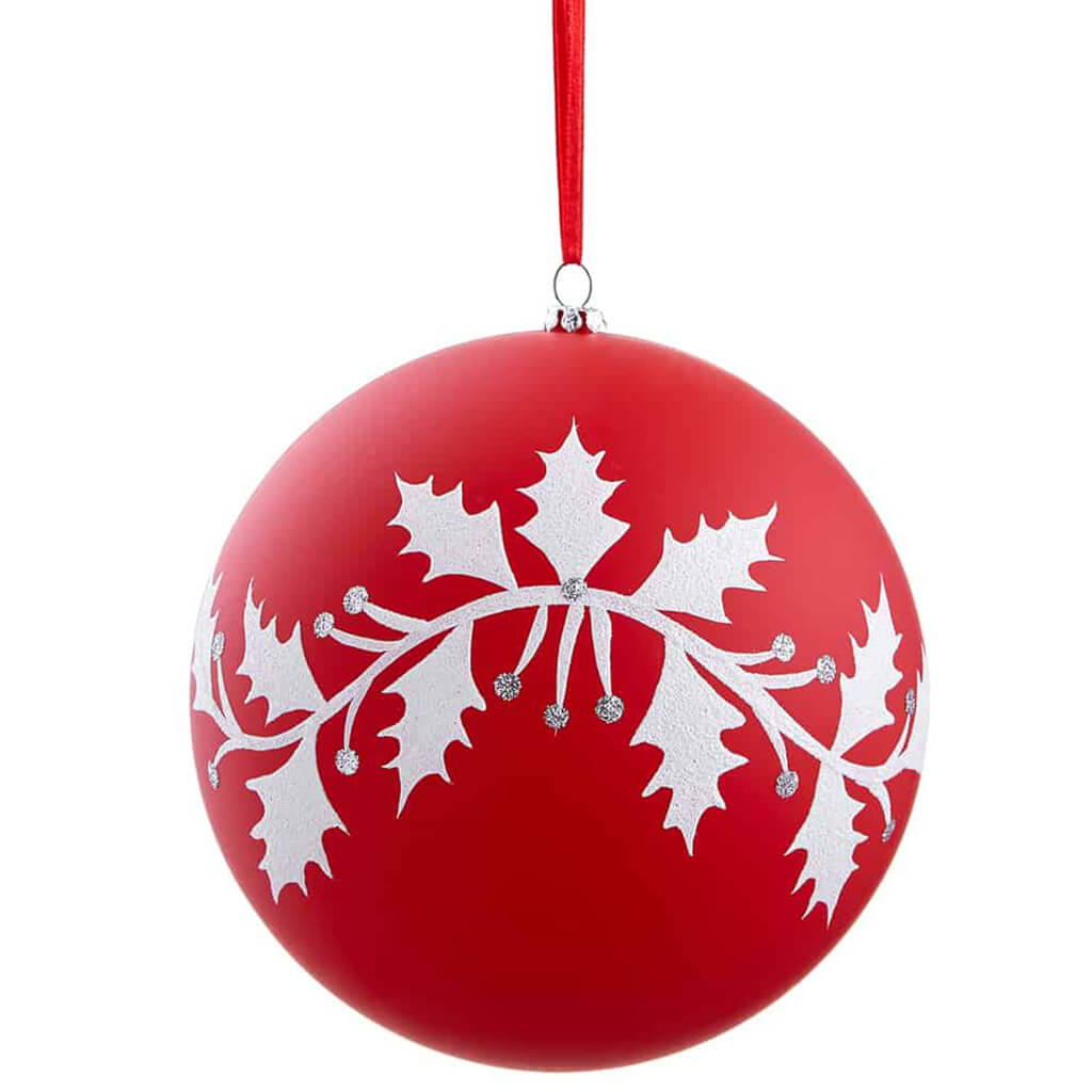 Glittered Holly Plastic Ball Ornaments Red White 6in